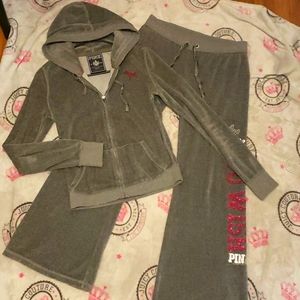 💋Victorias Secret Pink Velour Flare Back Pocket Pants & Matching Hoodie, Sm